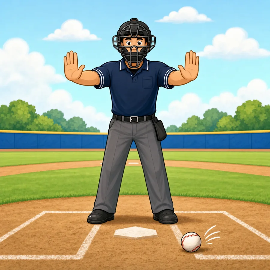 Cartoon baseball umpire demonstrating the Dead Ball signal