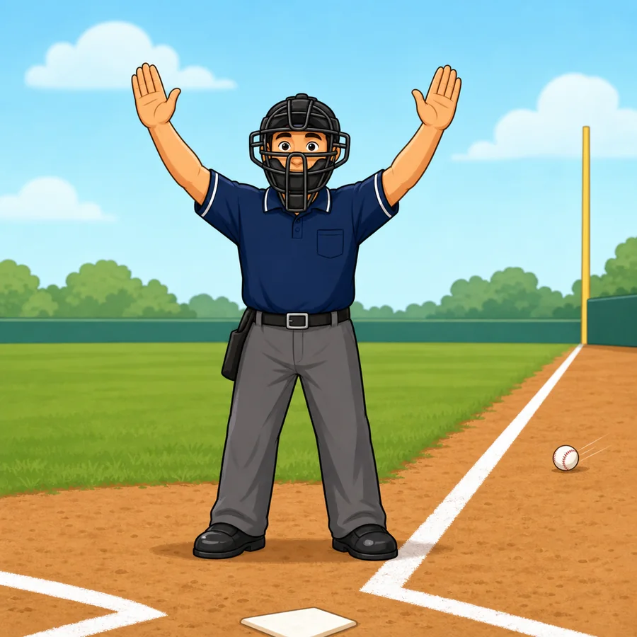 Cartoon baseball umpire demonstrating the Foul Ball signal