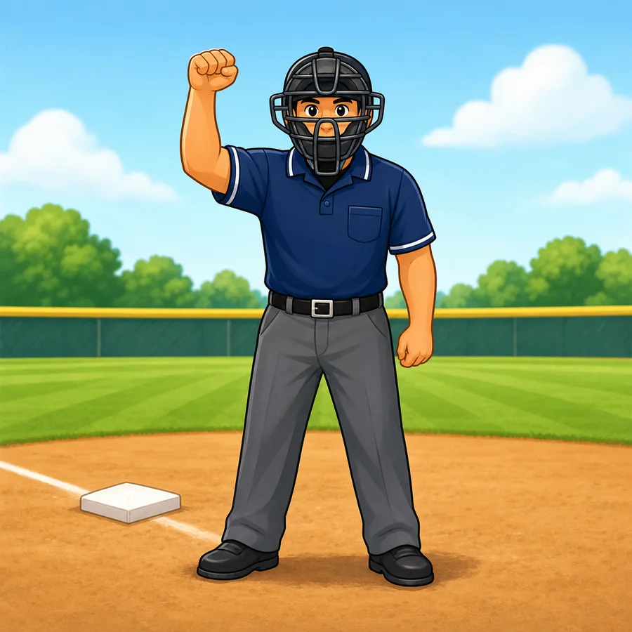 Cartoon baseball umpire demonstrating the Out signal