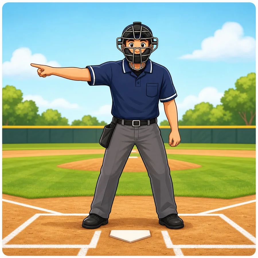 Cartoon baseball umpire demonstrating the Play Ball signal