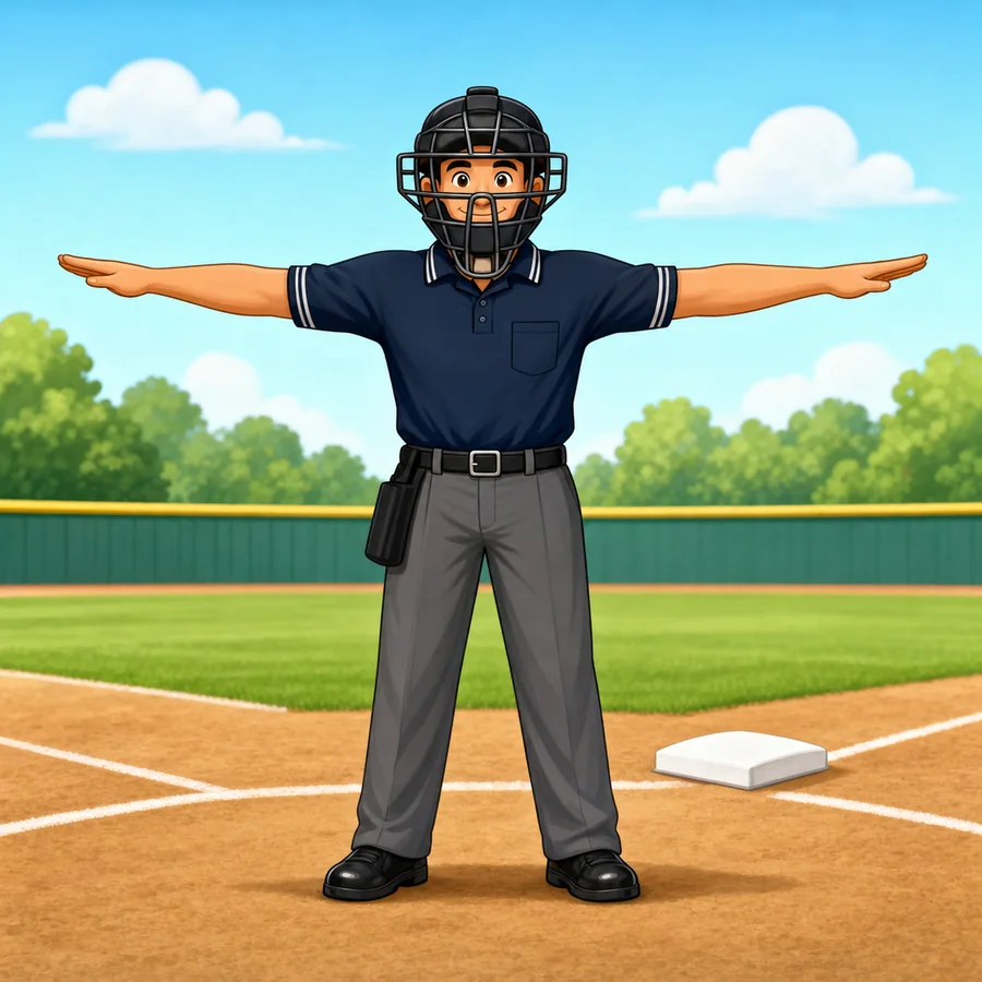 Cartoon baseball umpire demonstrating the Safe signal