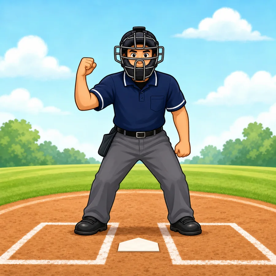 Cartoon baseball umpire demonstrating the Strike signal