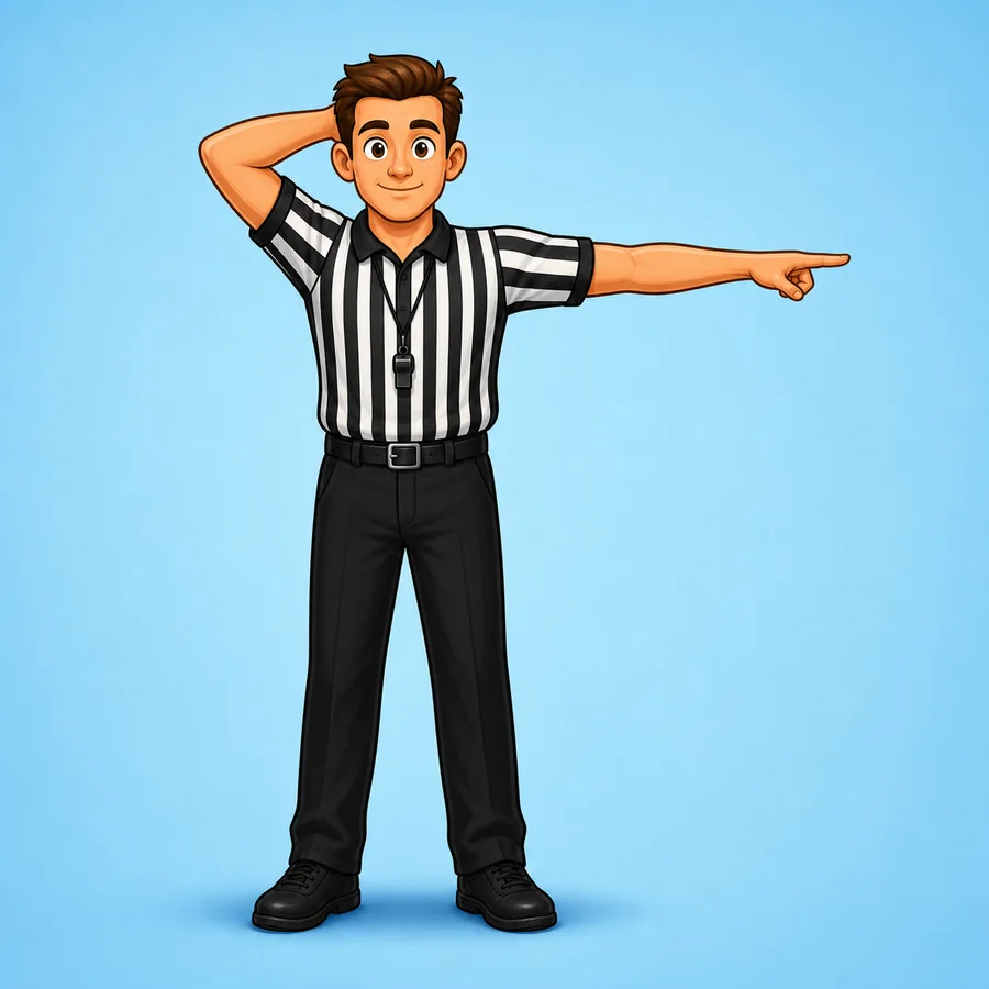 Cartoon basketball referee demonstrating the Charging Or Player Control Foul signal