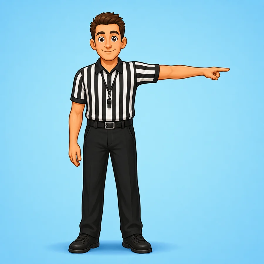 Cartoon basketball referee demonstrating the Direction Of Possession signal