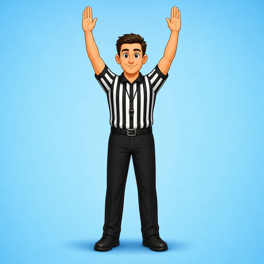 Cartoon basketball referee demonstrating the Made Basket signal