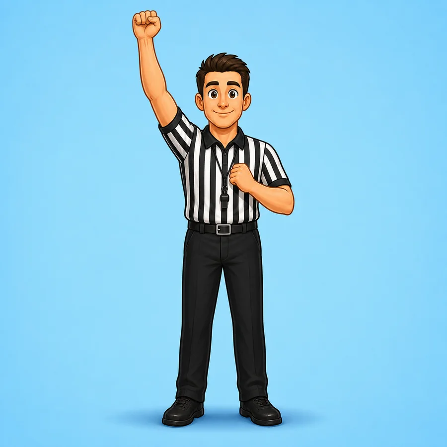 Cartoon basketball referee demonstrating the Personal Foul signal