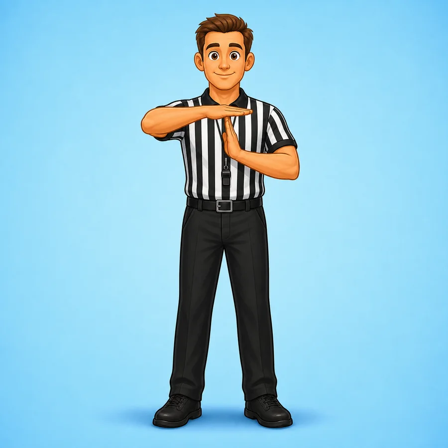Cartoon basketball referee demonstrating the Timeout signal