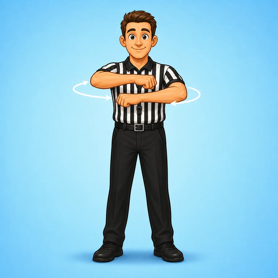 Cartoon basketball referee demonstrating the Traveling signal