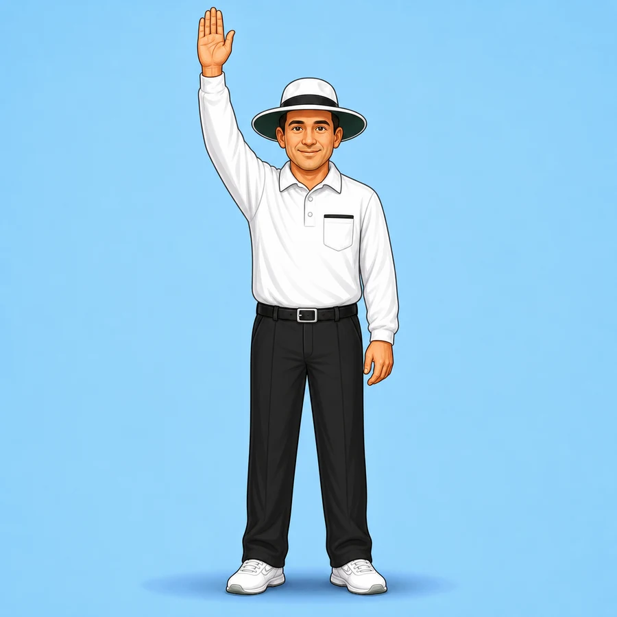 Cartoon cricket umpire demonstrating the Bye signal