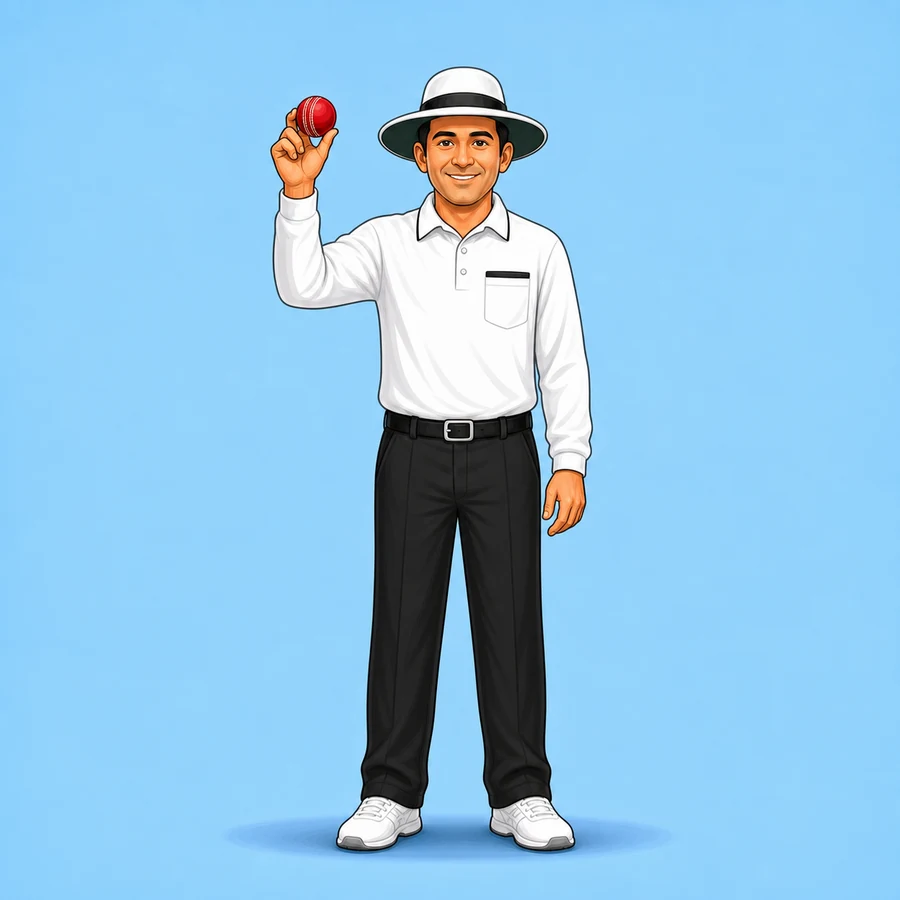 Cartoon cricket umpire demonstrating the New Ball signal