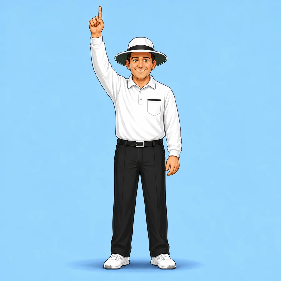 Cartoon cricket umpire demonstrating the Out signal