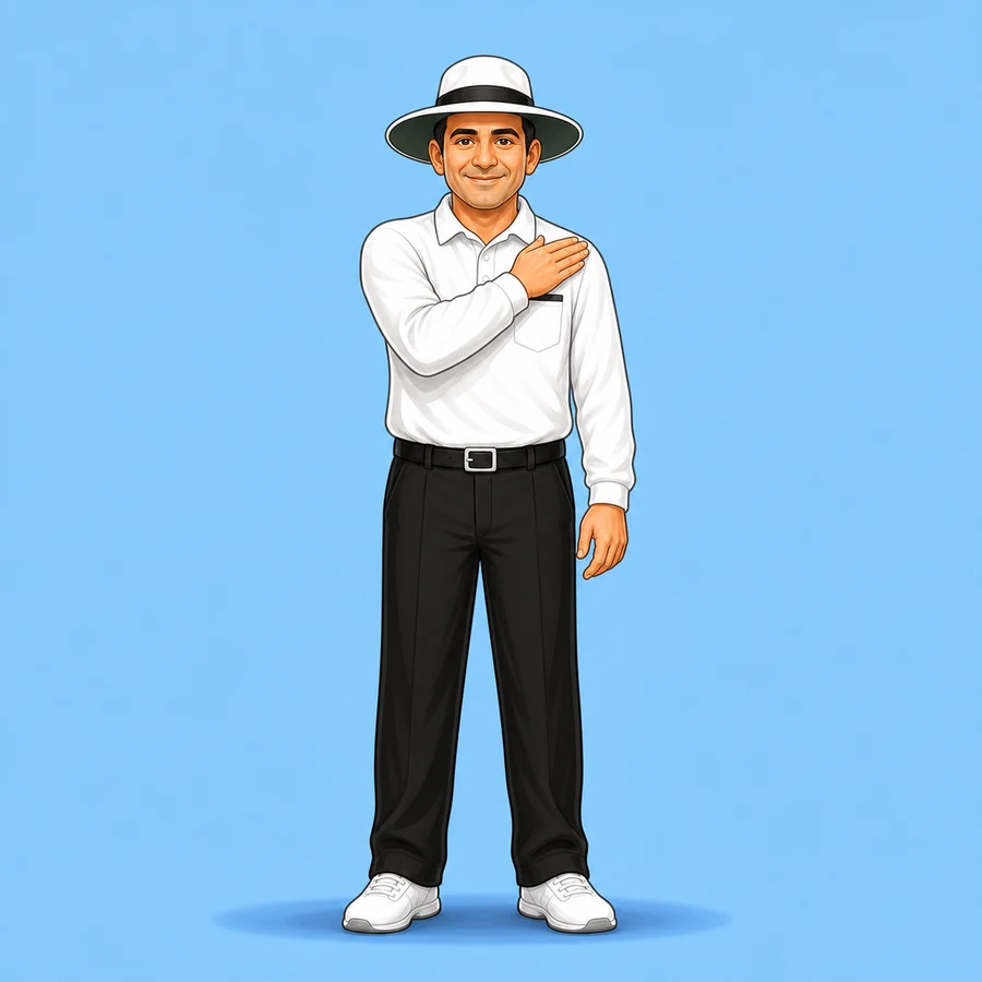 Cartoon cricket umpire demonstrating the Short Run signal
