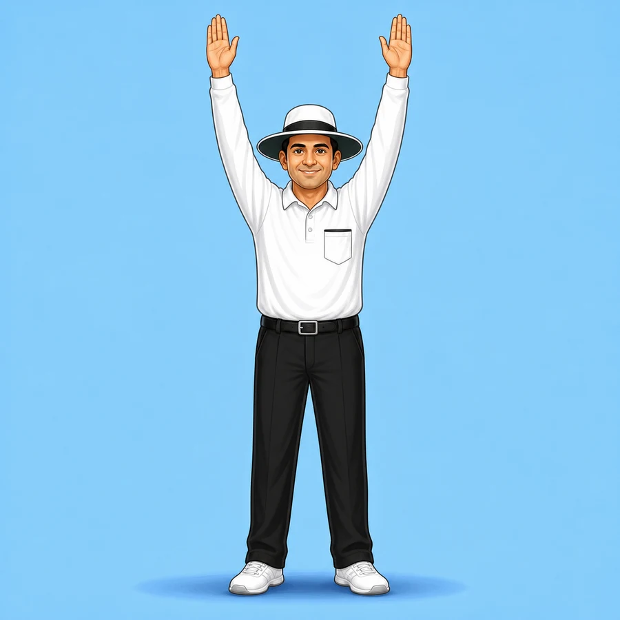 Cartoon cricket umpire demonstrating the Six signal