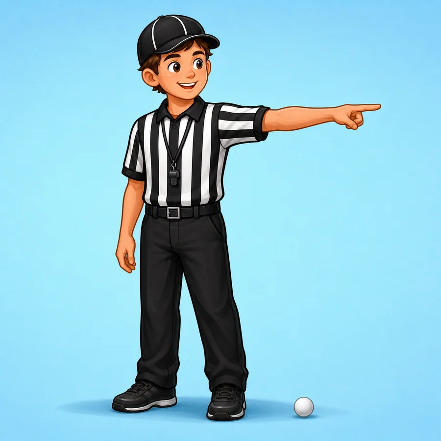 Cartoon field hockey referee demonstrating the Free Hit Direction signal