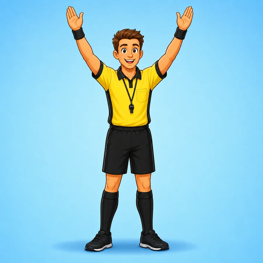 Cartoon field hockey referee demonstrating the Goal signal