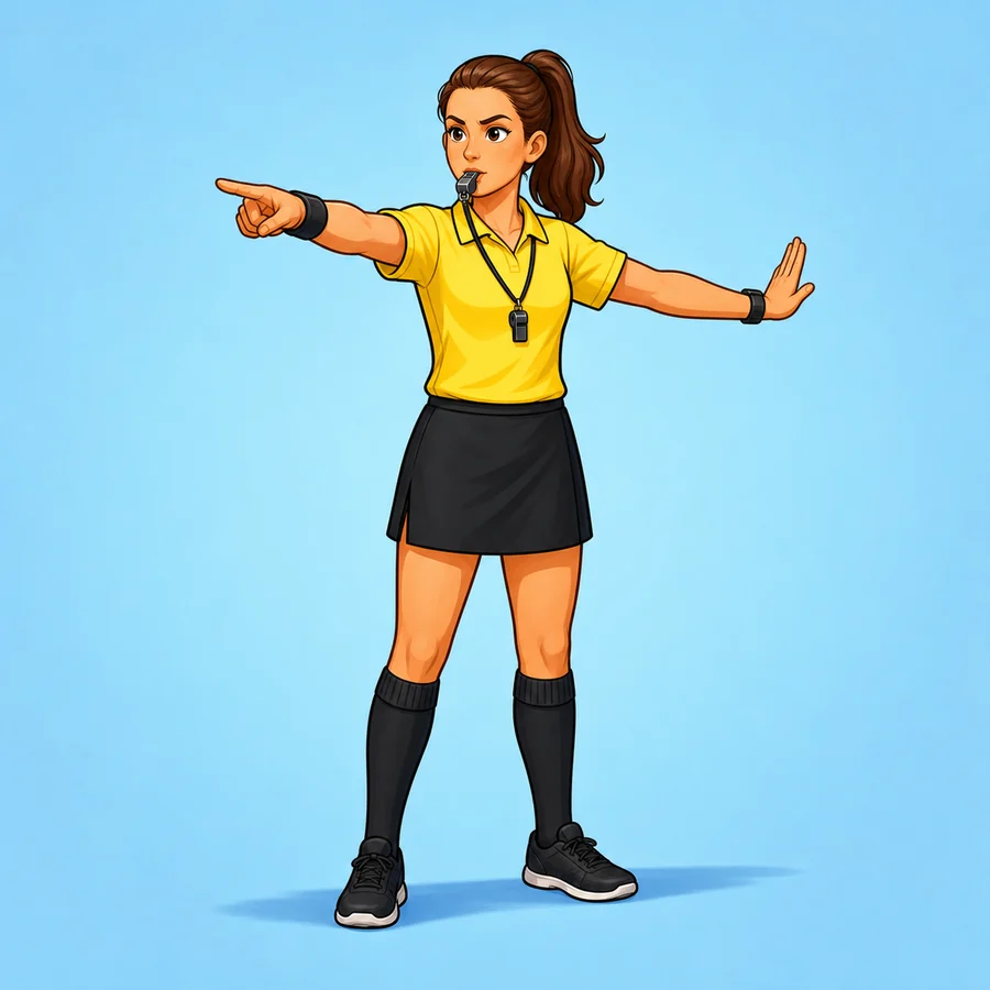 Cartoon field hockey referee demonstrating the Hit-In Or Side-In signal