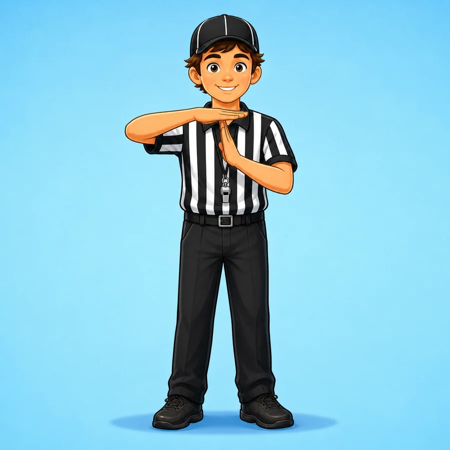 Cartoon field hockey referee demonstrating the Obstruction signal