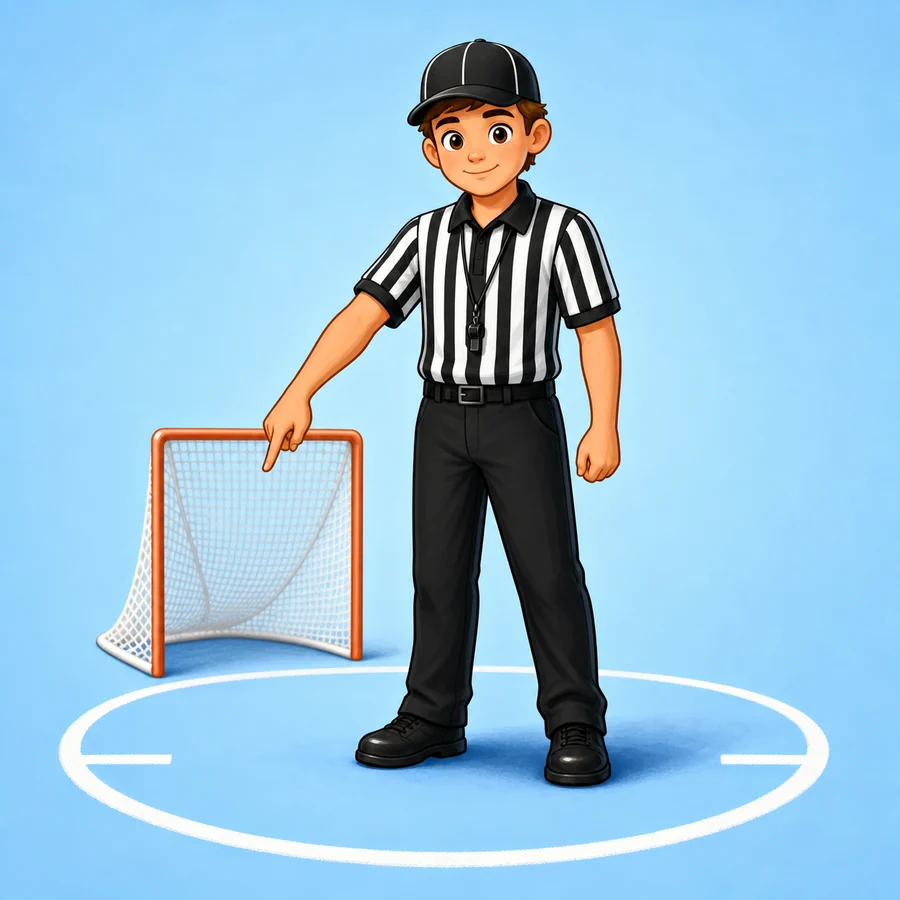 Cartoon field hockey referee demonstrating the Penalty Stroke signal