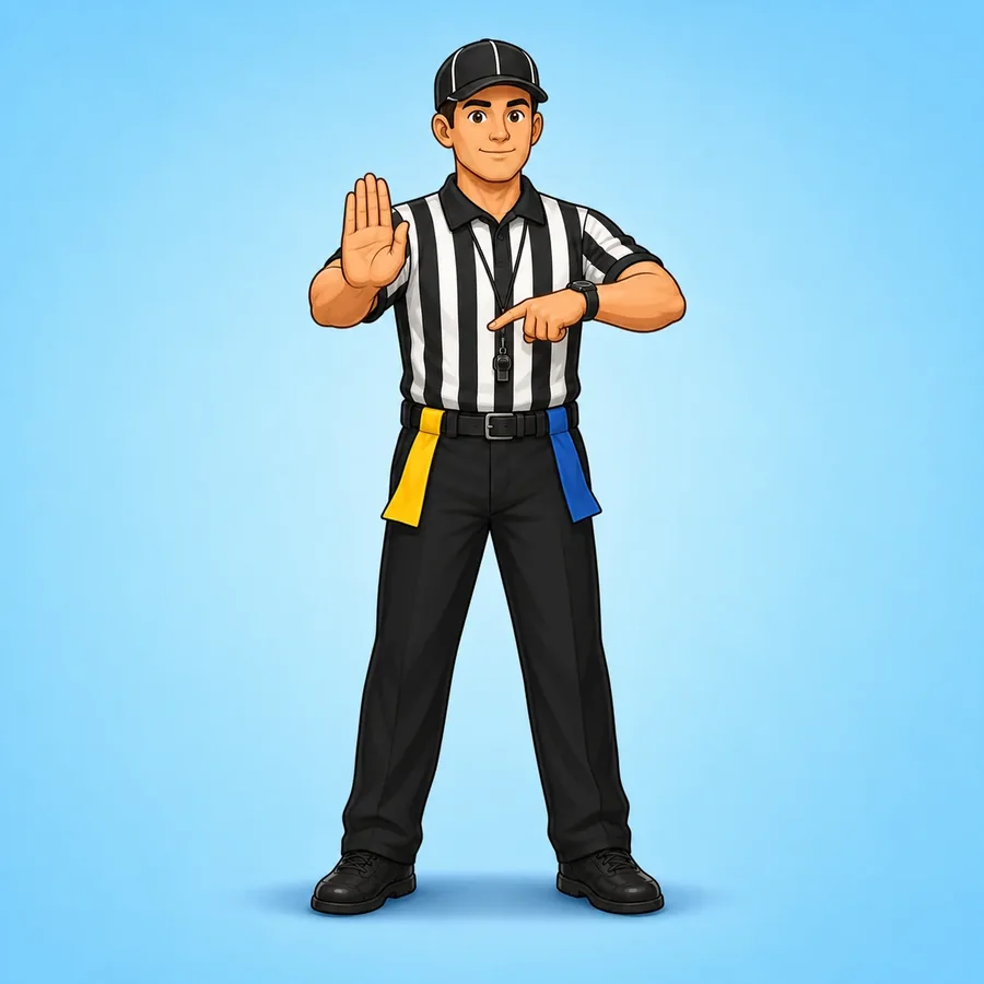 Cartoon flag football referee demonstrating the Delay Of Game signal
