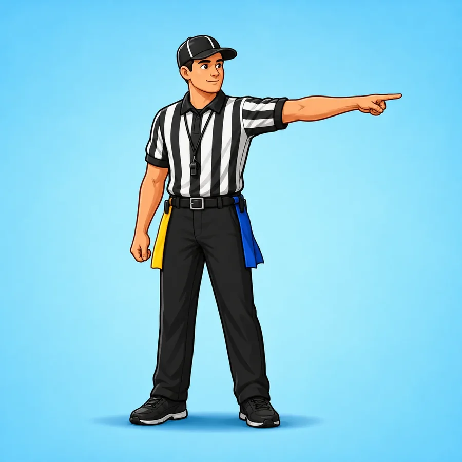 Cartoon flag football referee demonstrating the First Down signal