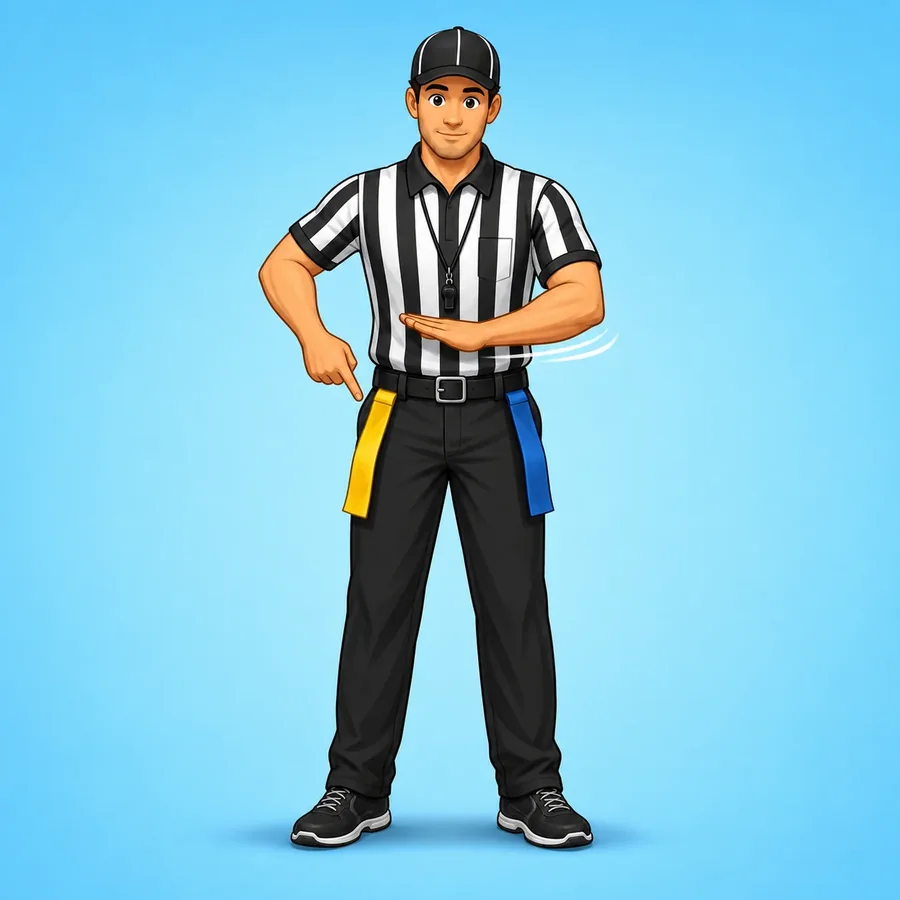 Cartoon flag football referee demonstrating the Flag Guarding signal