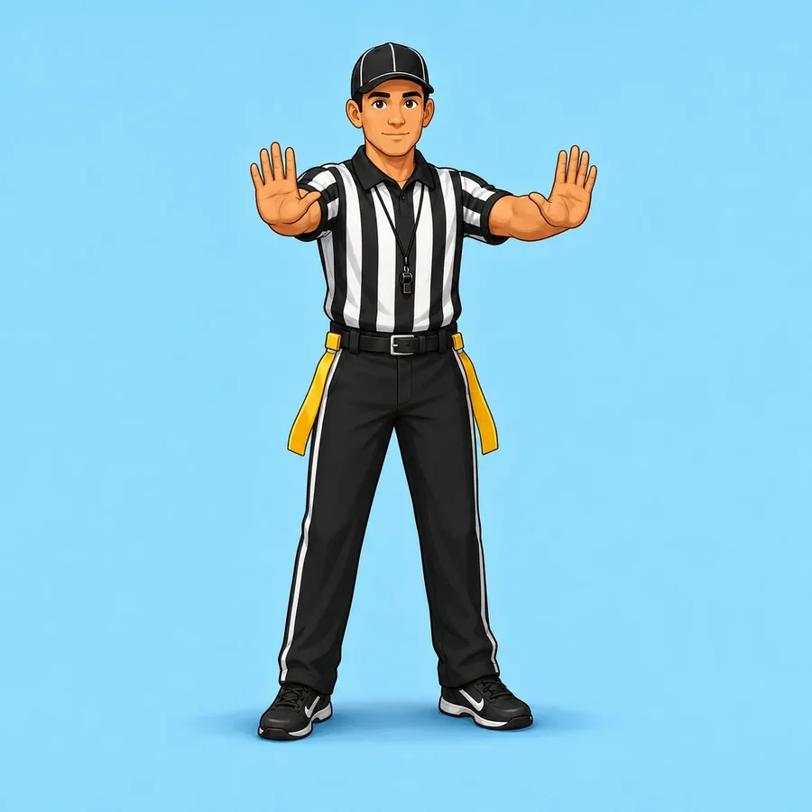 Cartoon flag football referee demonstrating the Illegal Contact signal