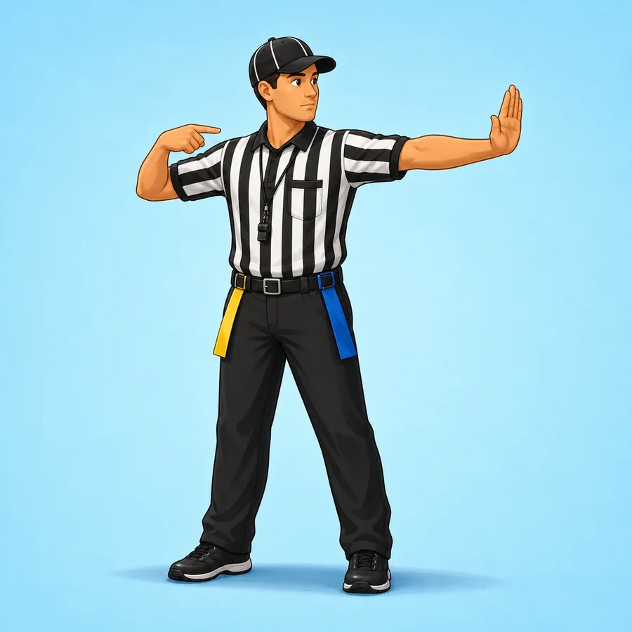 Cartoon flag football referee demonstrating the Illegal Rush Or Blitz signal