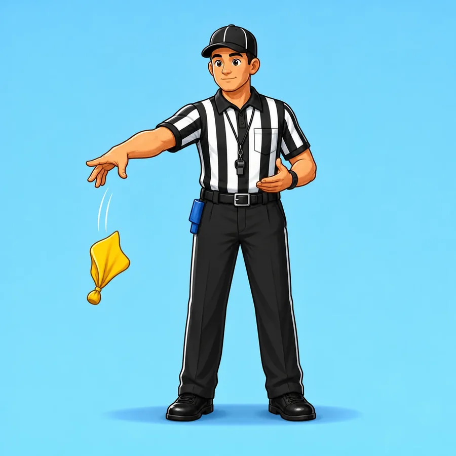 Cartoon flag football referee demonstrating the Penalty Flag Thrown signal