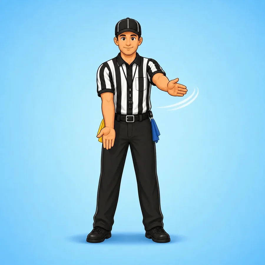 Cartoon flag football referee demonstrating the Ready For Play signal
