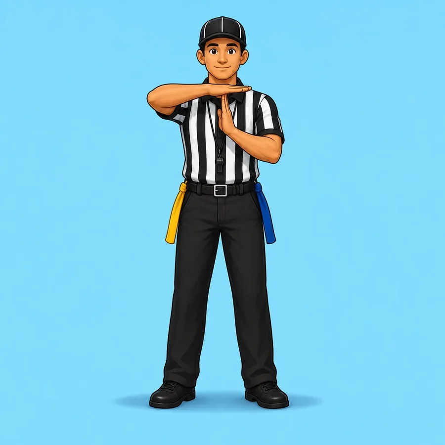 Cartoon flag football referee demonstrating the Timeout signal