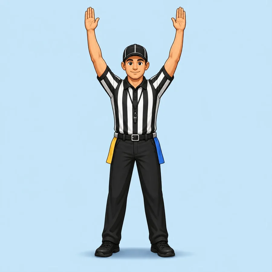 Cartoon flag football referee demonstrating the Touchdown signal