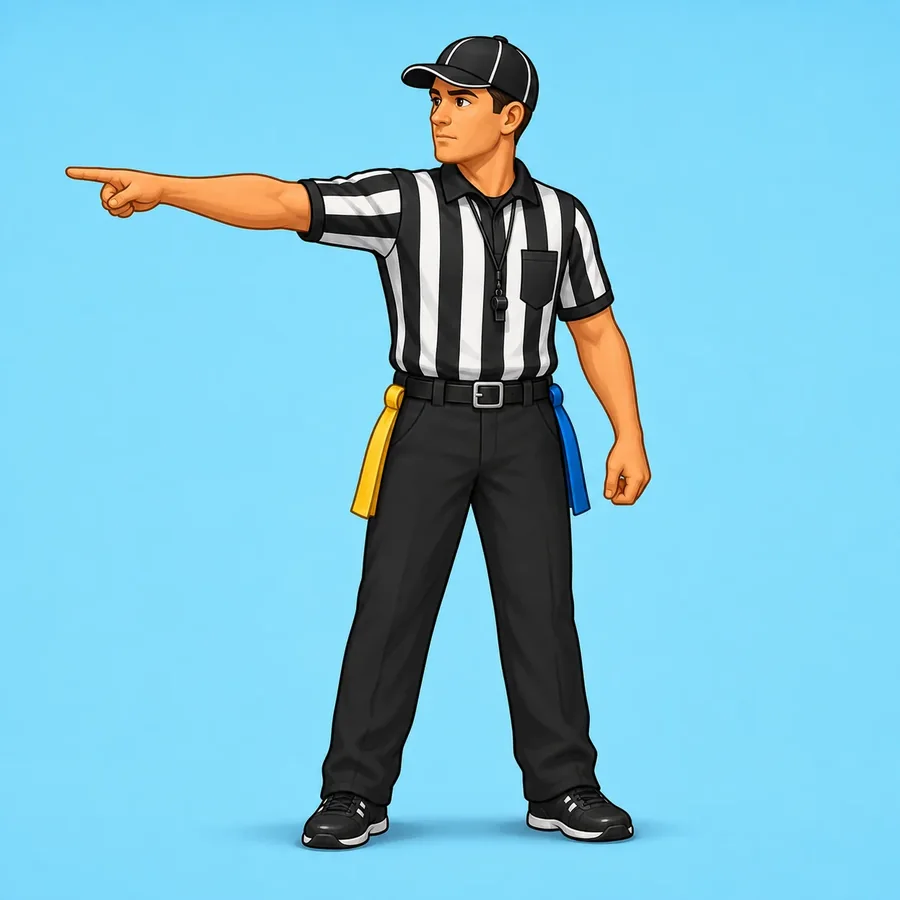 Cartoon flag football referee demonstrating the Turnover On Downs signal