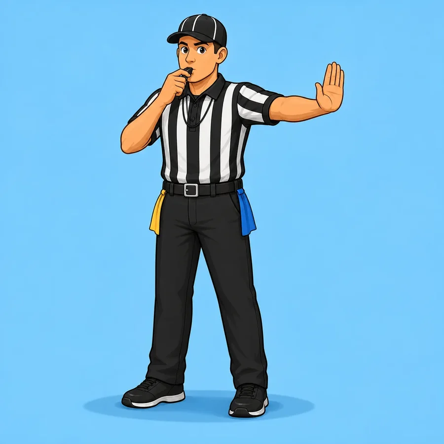 Cartoon flag football referee demonstrating the Whistle To Stop Play signal