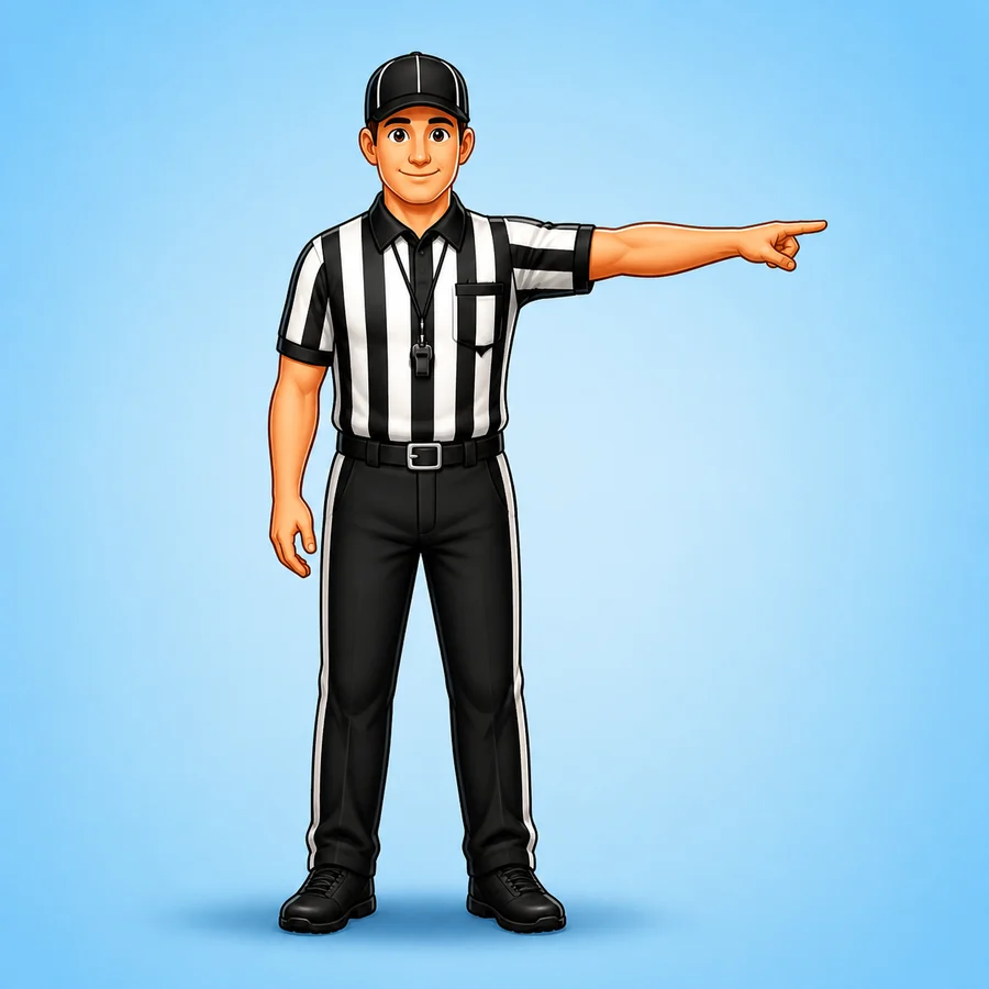 Cartoon football referee demonstrating the First Down signal
