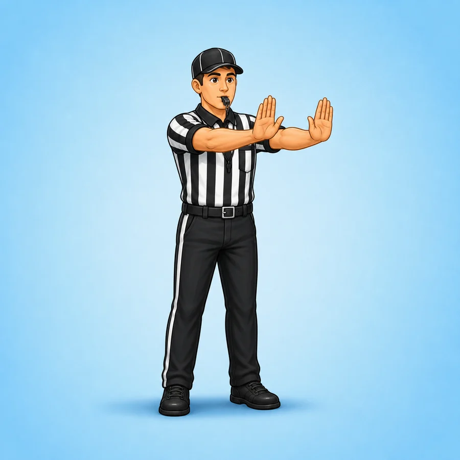 Cartoon football referee demonstrating the Pass Interference signal