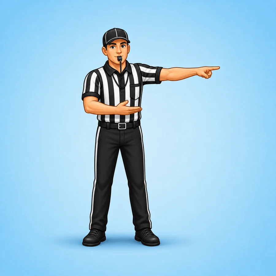 Cartoon football referee demonstrating the Turnover Or Change Of Possession signal