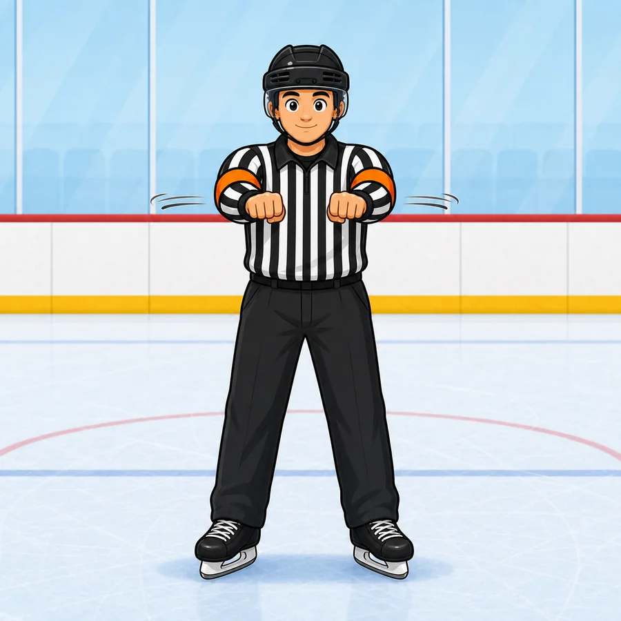 Cartoon hockey referee demonstrating the Cross-Checking signal