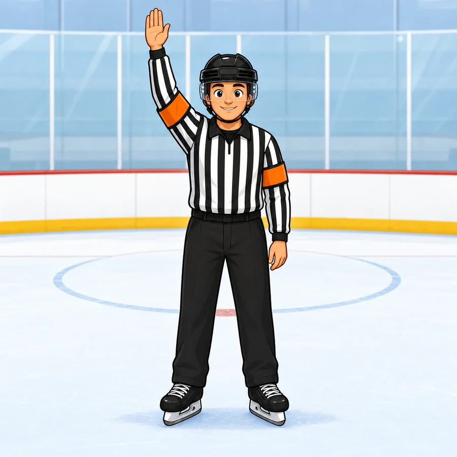 Cartoon hockey referee demonstrating the Delayed Penalty signal