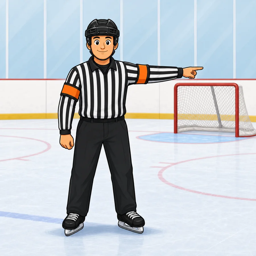 Cartoon hockey referee demonstrating the Goal Awarded signal