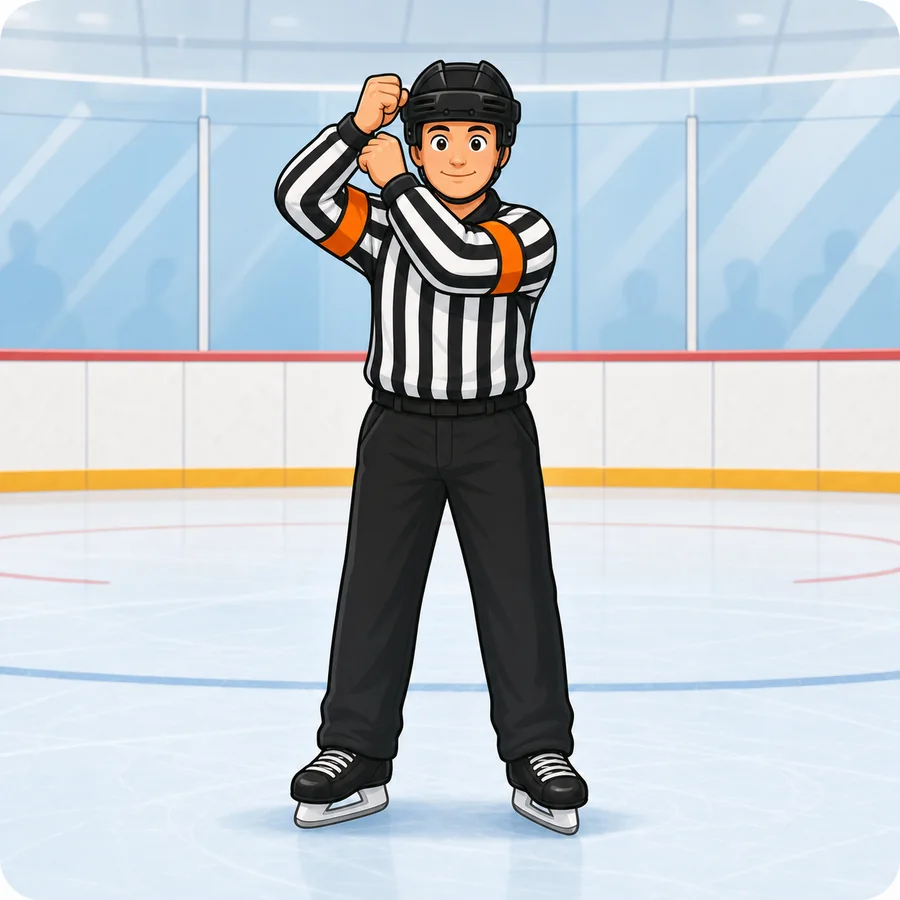 Cartoon hockey referee demonstrating the High Sticking signal