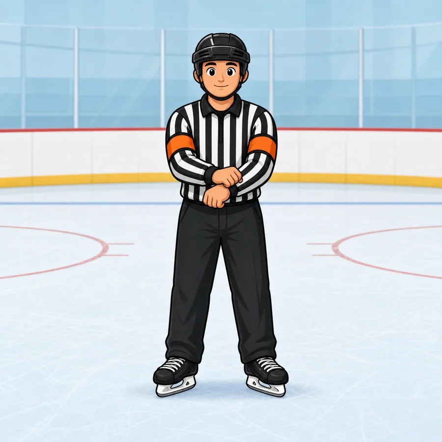 Cartoon hockey referee demonstrating the Holding signal