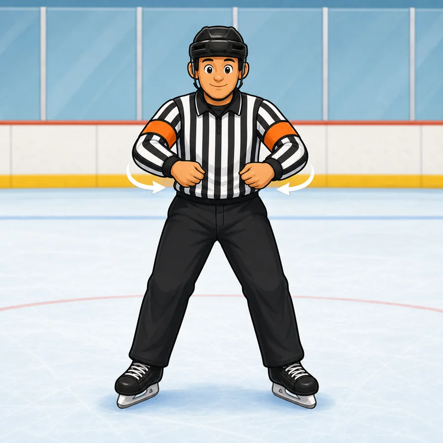 Cartoon hockey referee demonstrating the Hooking signal