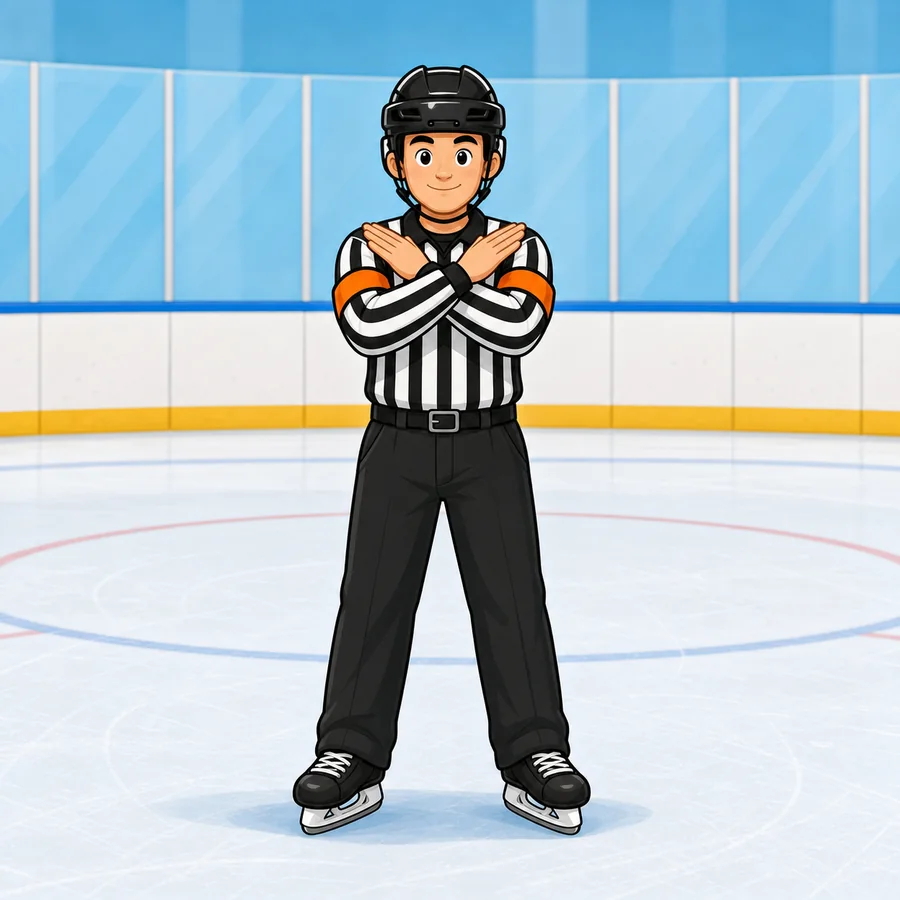 Cartoon hockey referee demonstrating the Interference signal