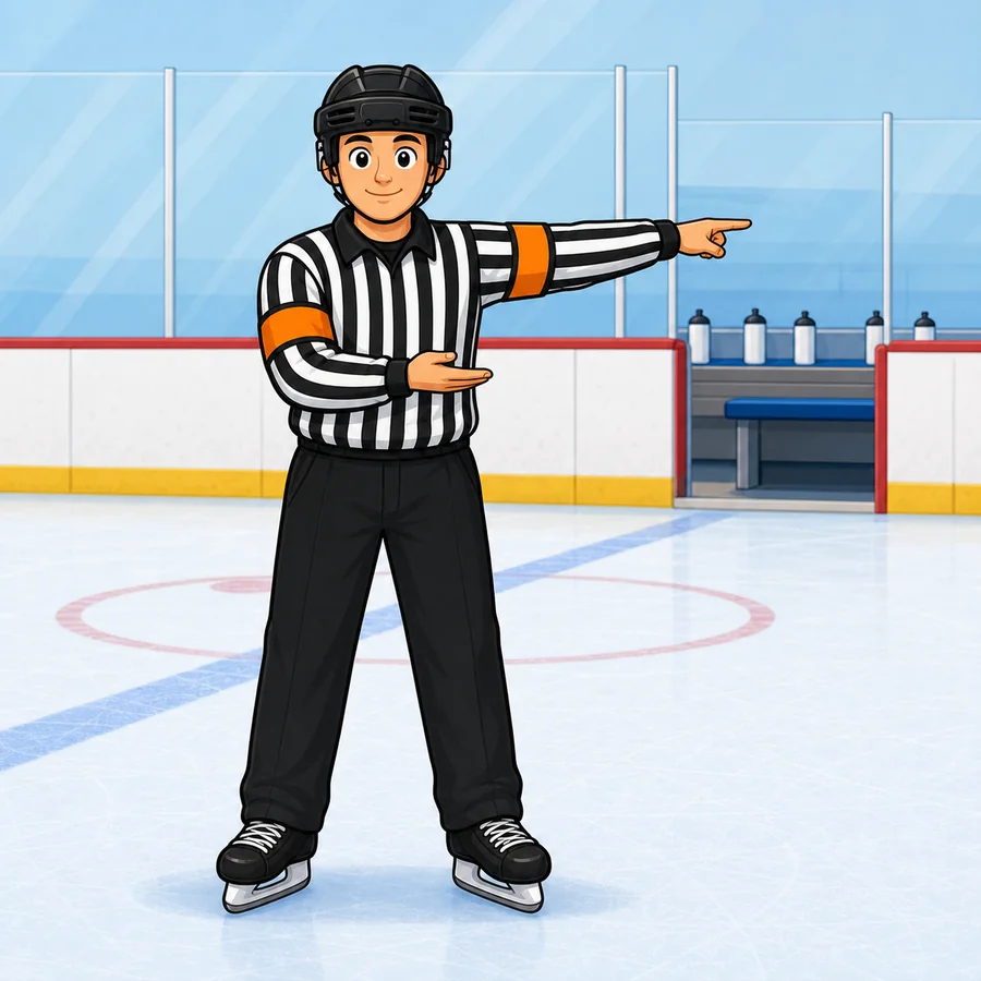 Cartoon hockey referee demonstrating the Line Change Or Substitution signal