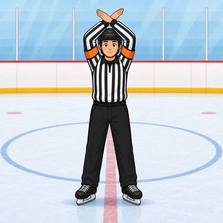 Cartoon hockey referee demonstrating the Penalty Shot signal
