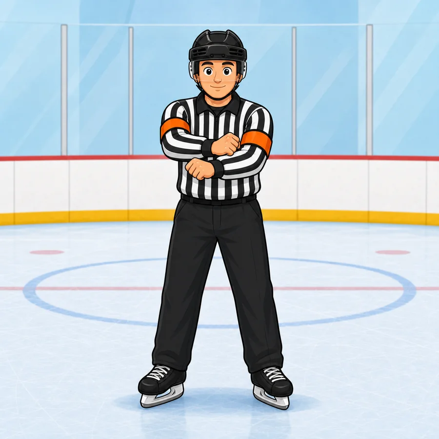 Cartoon hockey referee demonstrating the Roughing Or Illegal Checking signal
