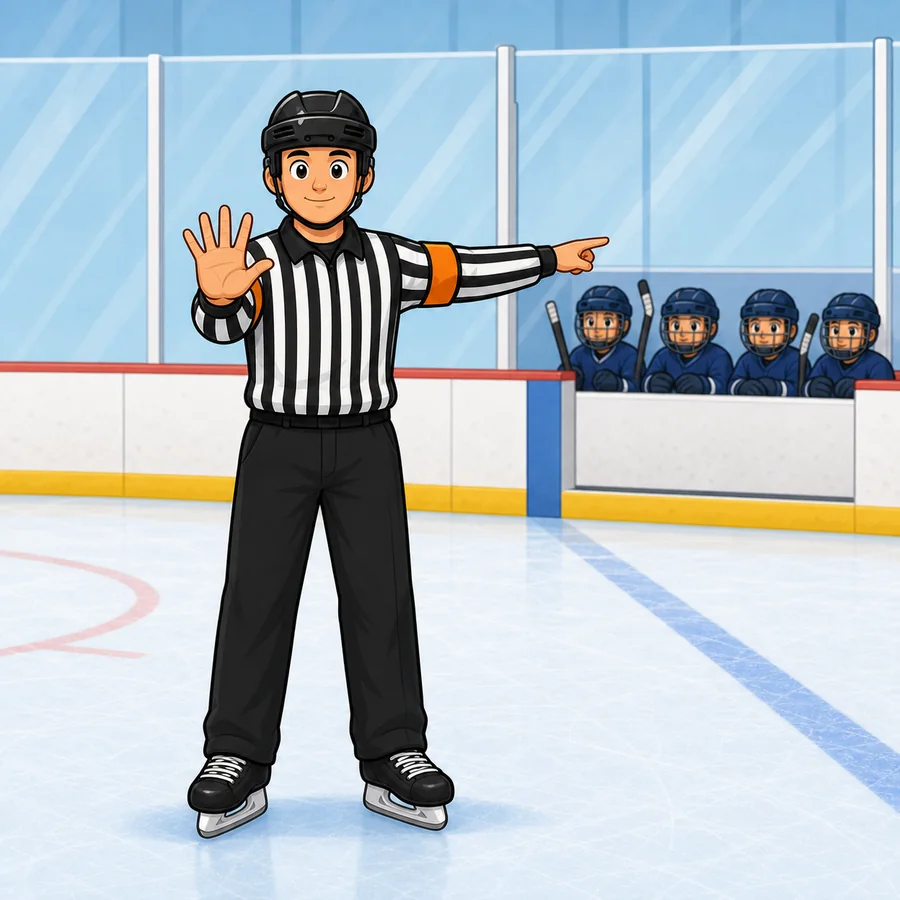 Cartoon hockey referee demonstrating the Too Many Players On The Ice signal