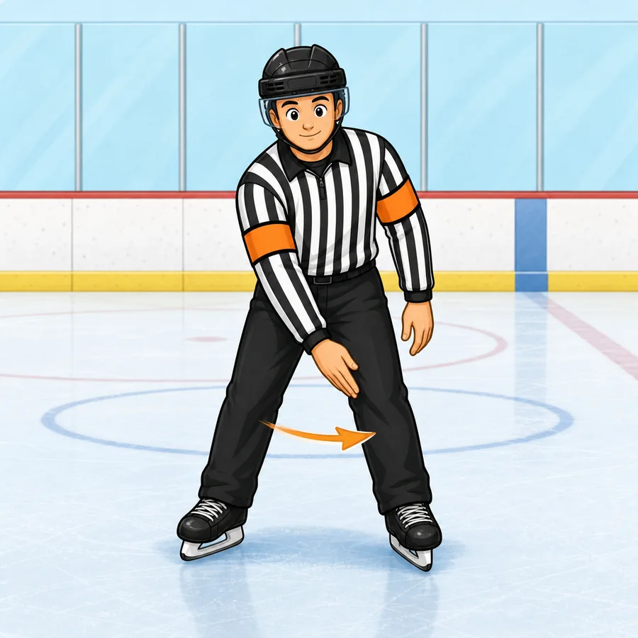 Cartoon hockey referee demonstrating the Tripping signal