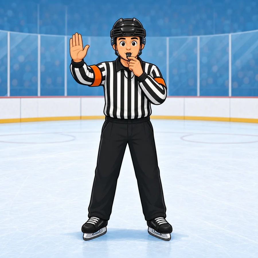Cartoon hockey referee demonstrating the Whistle To Stop Play signal