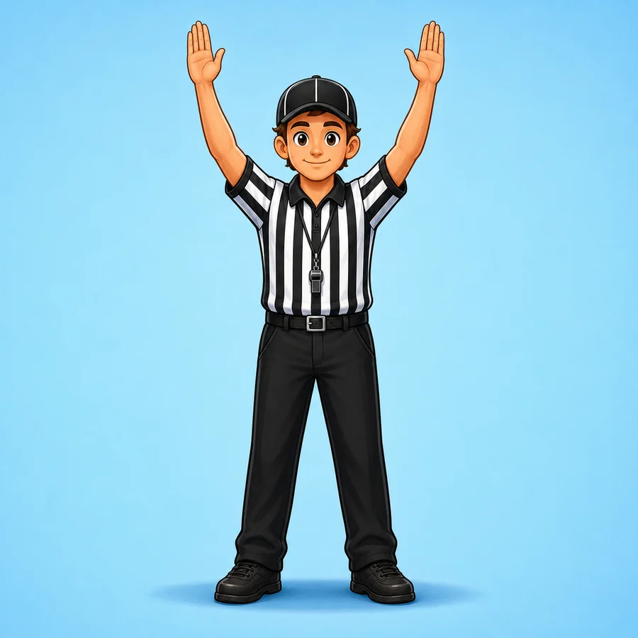 Cartoon lacrosse referee demonstrating the Goal signal